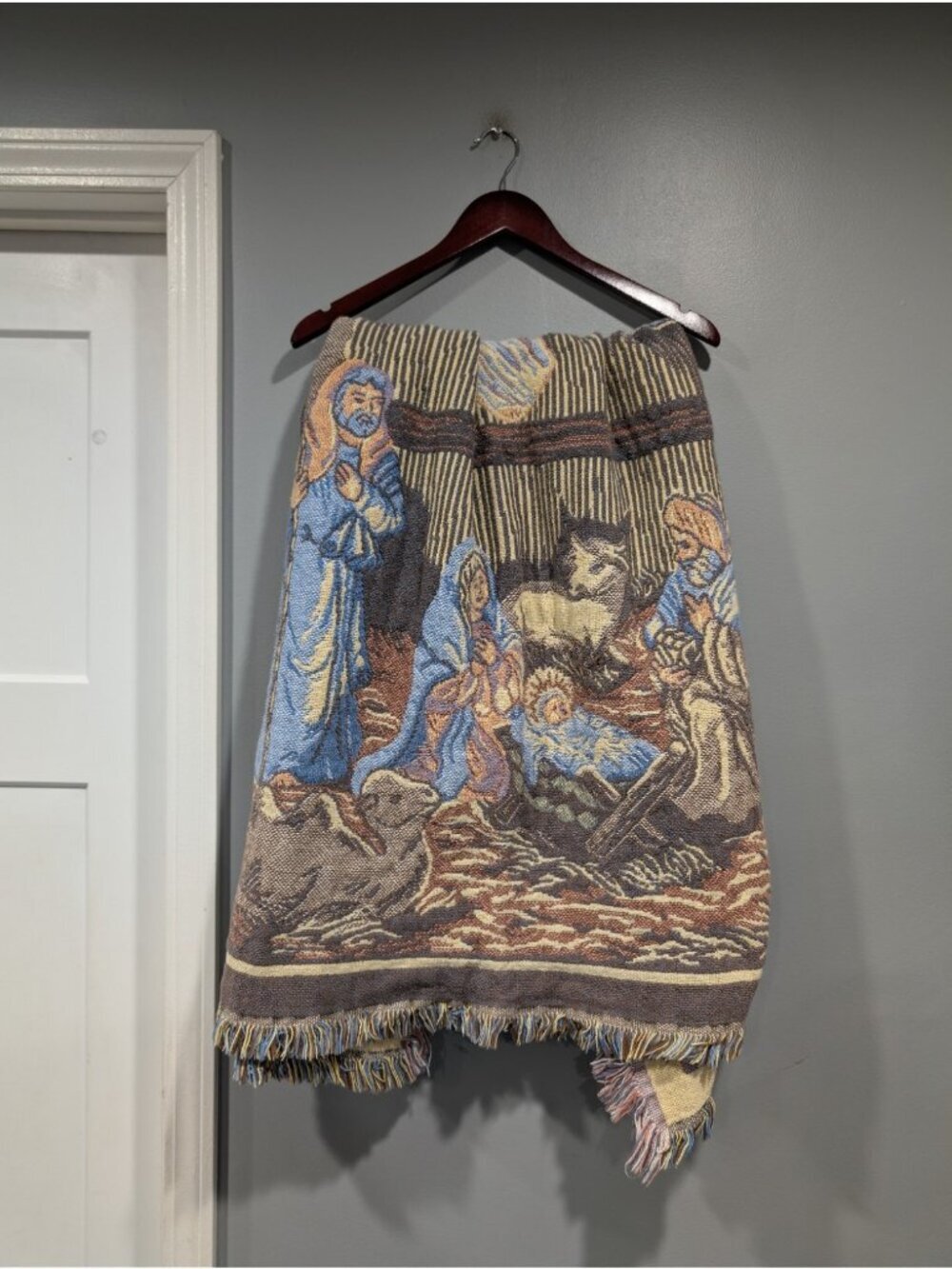 Goodwin Weavers Tapestry Throw Blanket Fringe Trim Nativity 46” X 55” Vintage
